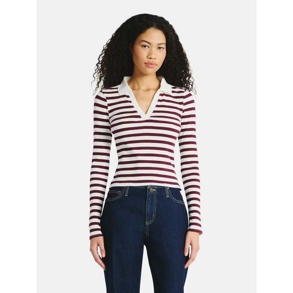 Johnny Collar Preppy Y2K VIBE Long Sleeve Tee‎ Sz L Dark Cherry White Stripe NWT